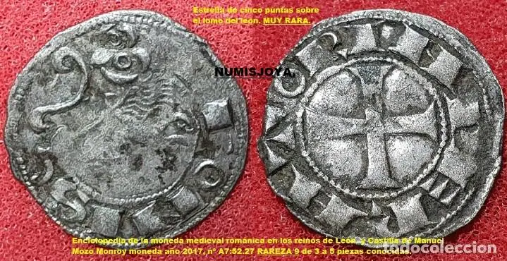 Alfonso VII AUTENTICO Dinero de León. ESTRELLA 5 PUNTAS SOBRE LOMO DEL LEÓN. 5 EJEMPLARES CONOCIDOS.