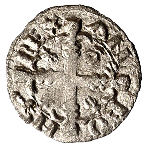 Dineros Llïoneses dende 1216 / de las Cortes de Benavente (Llión y cruz cun marcas de ceca), anversu